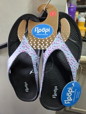 Flopi Women's Black Sandals with Light Blue & Pink Leopard Straps